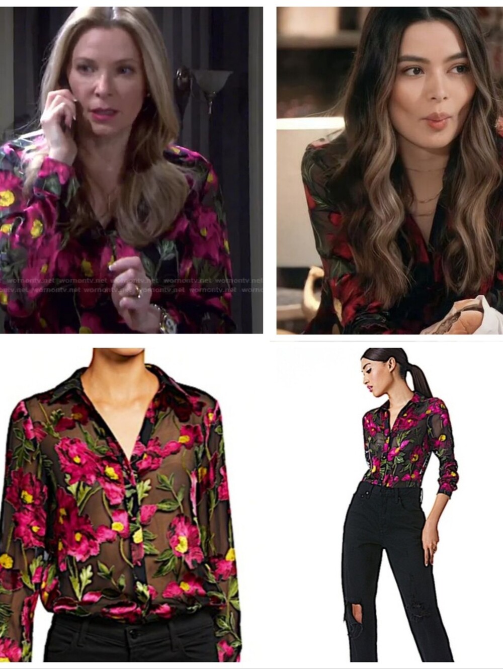 Alice + Olivia Silk Black Burnout Semi Sheer Floral Button Up Blouse Chic Fall